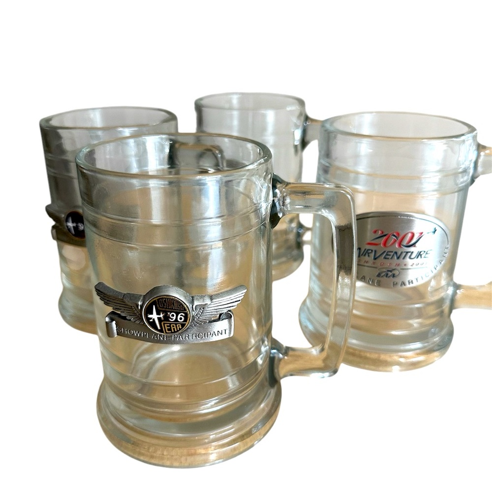 Oshkosh EAA Showplane Participant Glass Stein Mug Pewter Emblem 1996 Set of 4